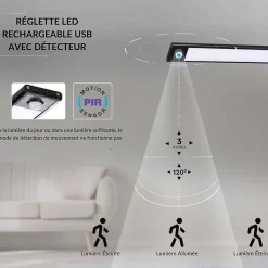Réglette LED Rechargeable USB 60cm 2,5W Noire avec Détecteur de mouvement - Blanc Neutre 4000K - 5500K - SILAMP
