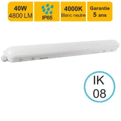 Réglette LED étanche 1200mm 40W 4800 LM 4000K IP65 - traversant - garantie 5 ans