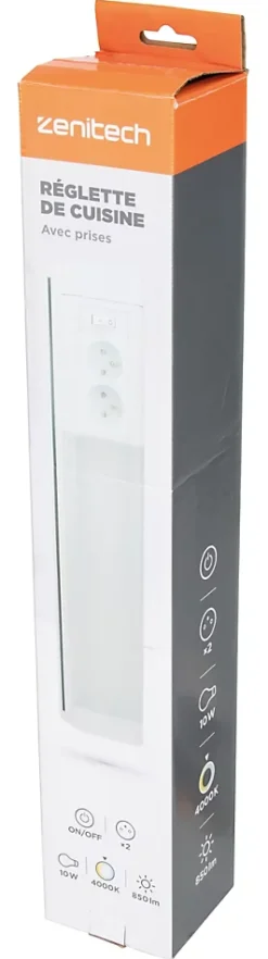 Réglette sous meuble avec prises LED intégrée blanc neutre IP20 850lm 3680W L.8xl.8,5xH.50cm Zenitech