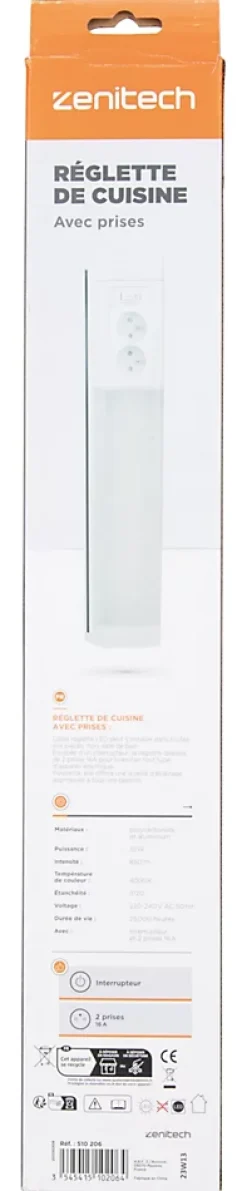 Réglette sous meuble avec prises LED intégrée blanc neutre IP20 850lm 3680W L.8xl.8,5xH.50cm Zenitech