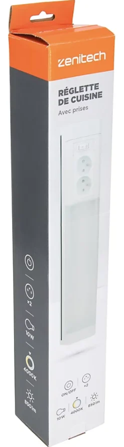 Réglette sous meuble avec prises LED intégrée blanc neutre IP20 850lm 3680W L.8xl.8,5xH.50cm Zenitech