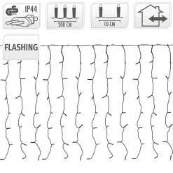 Rideau Lumineux à LED ECD Germany - PVC Noir 2m - 200 LED Blanc Chaud - Effet Flashing - IP44
