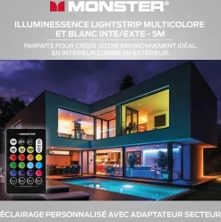 Ruban à LED Monster 5M intérieur extérieur Multicolore avec Adaptateur Secteur Clips de Montage et télécommande