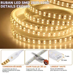 RUBAN LED CHANTIER IP67 230V 11W/M 50M Double Rangée 2835 silicone Étanche Blanc Chaud 3000K