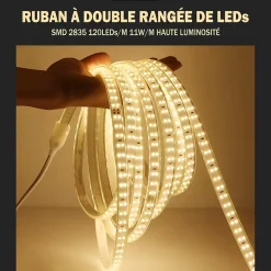 RUBAN LED CHANTIER IP67 230V 11W/M 50M Double Rangée 2835 silicone Étanche Blanc Chaud 3000K