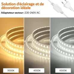 RUBAN LED CHANTIER IP67 230V 15W/M 50M Bandeau Leds sécable 2835 silicone Étanche Blanc Neutre 4000K
