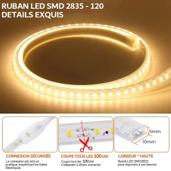 RUBAN LED CHANTIER IP67 230V 15W/M 50M Bandeau Leds sécable 2835 silicone Étanche Blanc Neutre 4000K