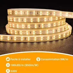 Ruban LED 220V Fin Recoupable 50M Double Rangée 9W/m IP65 2835 180LED/m - Blanc Froid 6000K - 8000K - SILAMP