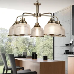 Searchlight Bistro - Plafonnier à 5 bras multiples blanc, laiton antique, E27