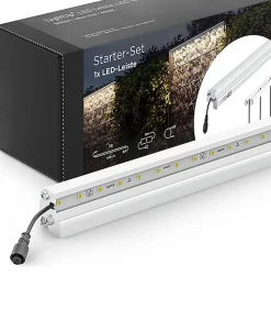 Set d'éclairage pour clôture en métal/gabion: 1x Barette LED de Lg. 1960 m/m, Anodisée argent, 1 tranformateur EU, 1 prolongateur