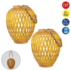 Set de 2 lampes corbeille solaires Cesto rotin synthétique naturel capteur crépuscule blanc chaud H 24cm extérieur