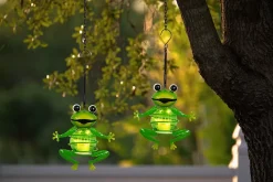 Set de 2 suspensions décoratives solaires 'Grenouille' d'environ 20 cm de haut, en fer peint, avec capteur crépusculaire