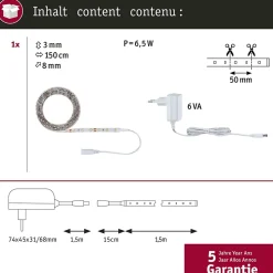 SimpLED Strip LED Blanc chaud Kit complet 1,5m revêtue 5W 300lm/m 60 LEDs/m 3000K 6VA