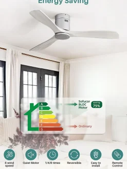 Sofucor Ventilateur de plafond de 132 cm, Télécommande Sans lumière Argent et gris