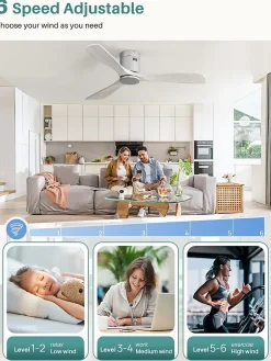 Sofucor Ventilateur de plafond de 132 cm, Télécommande Sans lumière Argent et gris