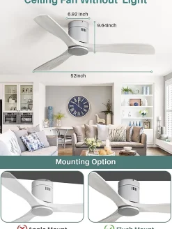 Sofucor Ventilateur de plafond de 132 cm, Télécommande Sans lumière Argent et gris