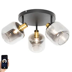 Spot de plafond intelligent noir avec or et verre fumé, incl. 3 Wifi P45 - Zuzanna