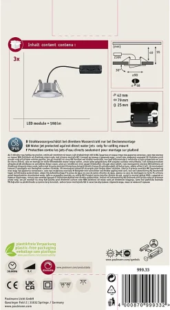 Spot encastré LED Calla Kit de base orientable IP65 rond 90mm 30 3x5,2W 3x460lm 230V gradable 4000K Chrome mat