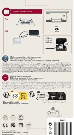 Spot encastré LED Nova Coin Kit de base fixe IP44 rond 78mm Coin 3x6W 3x470lm 230V 2700K Chrome