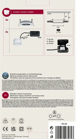 Spot encastré LED Nova Coin Kit de base fixe IP44 rond 78mm Coin 3x6W 3x470lm 230V 2700K Alu tourné