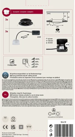 Spot encastré LED Nova Coin orientable rond 84mm 50 Coin 3x6W 3x470lm 230V gradable 2700K Noir mat