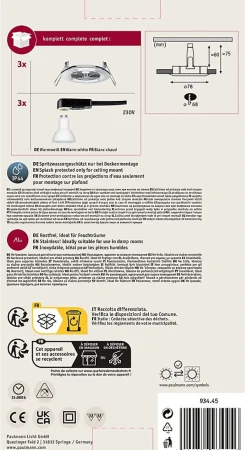 Spot encastré LED Nova Kit de base fixe IP44 rond 78mm GU10 3x6,5W 3x460lm 230V 2700K Chrome