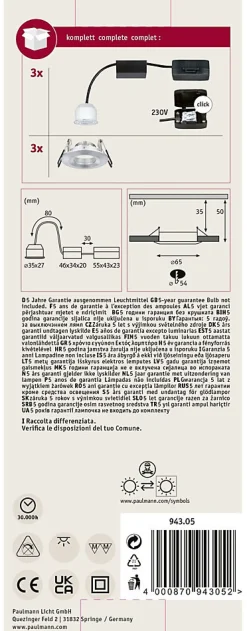 Spot encastré LED Nova Mini Coin Kit de base fixe IP44 rond 65mm Coin 3x4W 3x310lm 230V 2700K Alu tourné