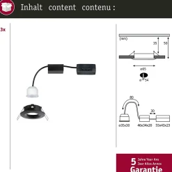Spot encastré LED Nova Mini Coin Kit de base fixe IP44 rond 66mm Coin 3x4W 3x310lm 230V 2700K Noir mat