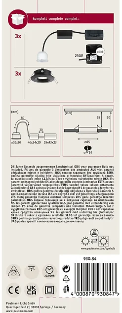 Spot encastré LED Nova Mini Coin Kit de base fixe IP44 rond 66mm Coin 3x4W 3x310lm 230V 2700K Noir mat