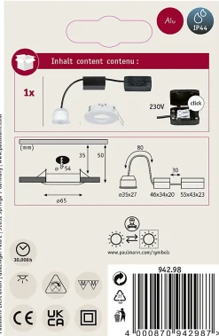 Spot encastré LED Nova Mini Coin Luminaire individuel fixe IP44 rond 65mm Coin 4W 310lm 230V 2700K Blanc dépoli