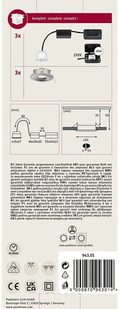 Spot encastré LED Nova Mini Coin Kit de base fixe IP44 rond 65mm Coin 3x4W 3x310lm 230V 2700K Acier brossé