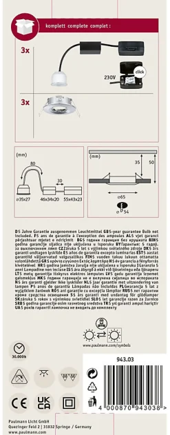 Spot encastré LED Nova Mini Coin Kit de base fixe IP44 rond 65mm Coin 3x4W 3x310lm 230V 2700K Chrome