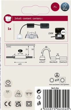 Spot encastré LED Nova Mini Coin Luminaire individuel fixe IP44 rond 65mm Coin 4W 310lm 230V 2700K Alu tourné