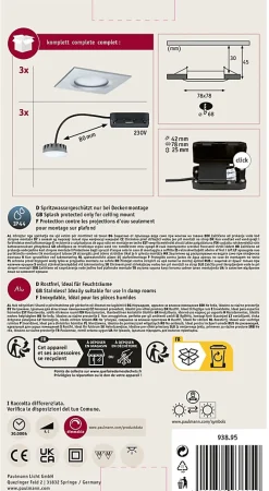 Spot encastré LED Nova Plus Coin Kit de base fixe IP44 carré 78x78mm Coin 3x6W 3x470lm 230V gradable 2700K Alu tourné