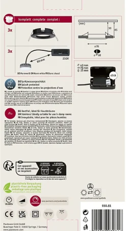 Spot encastré LED Nova Plus Coin Kit de base fixe IP44 rond 78mm Coin 3x6W 3x470lm 230V gradable 2700K Noir mat