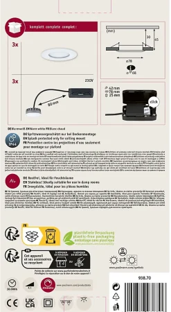 Spot encastré LED Nova Plus Coin Kit de base fixe IP44 rond 78mm Coin 3x6W 3x470lm 230V gradable 2700K Blanc dépoli