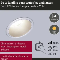 Spot encastré LED 3-Step-Dim Cole Coin Kit de 1 IP44 rond 88mm Coin 6W 470lm 230V gradable 2700K Argent mat