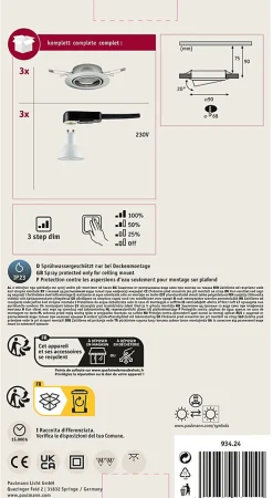 Spot encastré LED 3-Step-Dim Base Kit de base orientable rond 90mm 20 GU10 3x5W 3x350lm 230V gradable 3000K Acier brossé