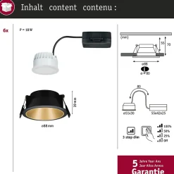 Spot encastré LED 3-Step-Dim Cole Coin Kit de 6 IP44 rond 88mm Coin 6x6W 6x470lm 230V gradable 2700K Noir Doré mat