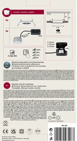 Spot encastré LED 3-Step-Dim Nova Coin Kit de base fixe IP44 rond 78mm Coin 3x6W 3x470lm 230V gradable 2700K Blanc dépoli