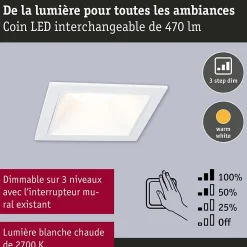 Spot encastré LED 3-Step-Dim Cole Coin Kit de 1 IP44 carré 88x88mm Coin 6W 470lm 230V gradable 2700K Blanc