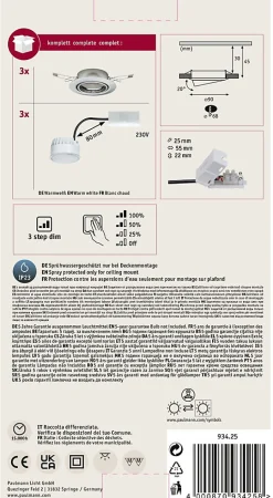 Spot encastré LED 3-Step-Dim Base Coin Kit de base orientable rond 90mm 20 Coin 3x5W 3x370lm 230V gradable 3000K Acier brossé