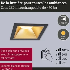 Spot encastré LED 3-Step-Dim Cole Coin Kit de 3 IP44 carré 88x88mm Coin 3x6W 3x470lm 230V gradable 2700K Noir Doré mat