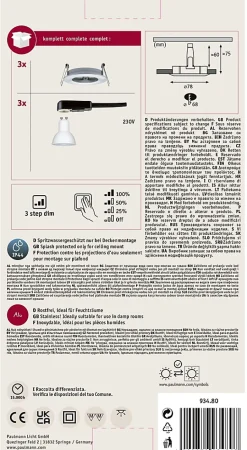 Spot encastré LED 3-Step-Dim Nova Kit de base fixe IP44 rond 78mm GU10 3x6,5W 3x460lm 230V gradable 2700K Alu tourné
