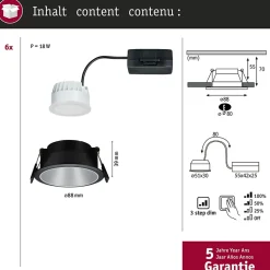 Spot encastré LED 3-Step-Dim Cole Coin Kit de 6 IP44 rond 88mm Coin 6x6W 6x470lm 230V gradable 2700K Noir Argent mat