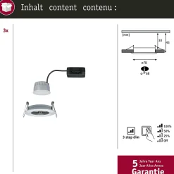 Spot encastré LED 3-Step-Dim Nova Coin Kit de base fixe IP44 rond 78mm Coin 3x6W 3x470lm 230V gradable 2700K Alu tourné