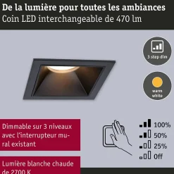 Spot encastré LED 3-Step-Dim Cole Coin Kit de 3 IP44 carré 88x88mm Coin 3x6W 3x470lm 230V gradable 2700K Noir