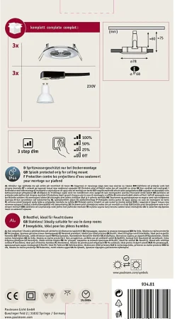 Spot encastré LED 3-Step-Dim Nova Kit de base fixe IP44 rond 78mm GU10 3x6,5W 3x460lm 230V gradable 2700K Chrome