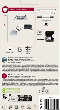 Spot encastré LED 3-Step-Dim Nova Coin Kit de base fixe IP44 rond 78mm Coin 3x6W 3x470lm 230V gradable 2700K Chrome