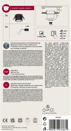 Spot encastré LED 3-Step-Dim Gil Coin Kit de base IP44 rond 68mm Coin 3x6W 3x470lm 230V gradable 2700K Noir mat Acier brossé